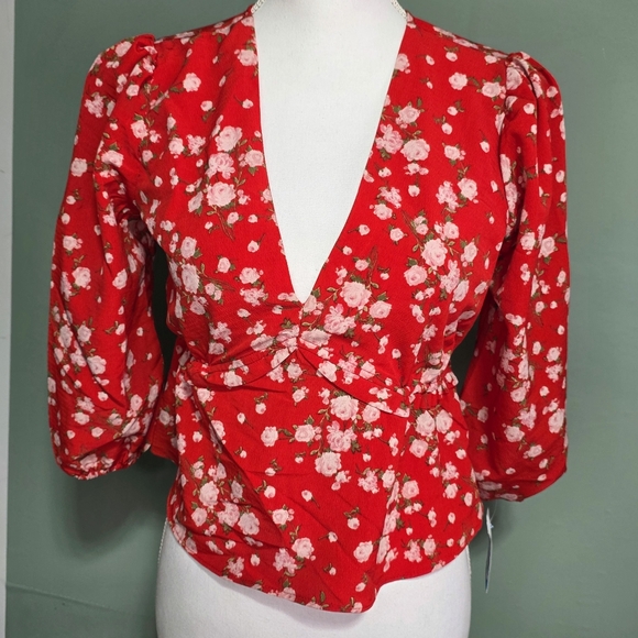 Sage The Label Blouse Women's Red and White Floral Top Size: Small - Picture 5 of 10